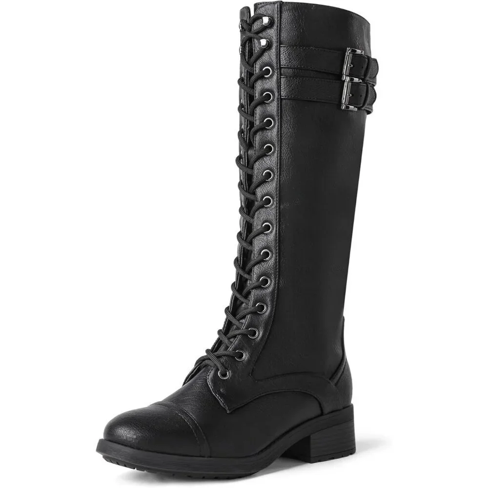 Women's Polyurethane Pu Georgia-Black Double buckle Knee High Riding Combat Boot